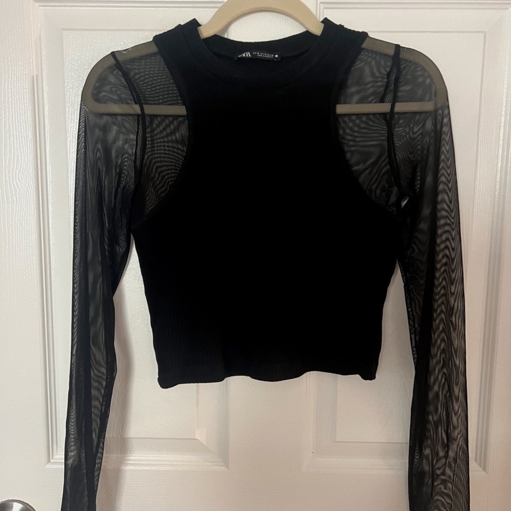 Zara Black Crop Top with Sheer Sleeves